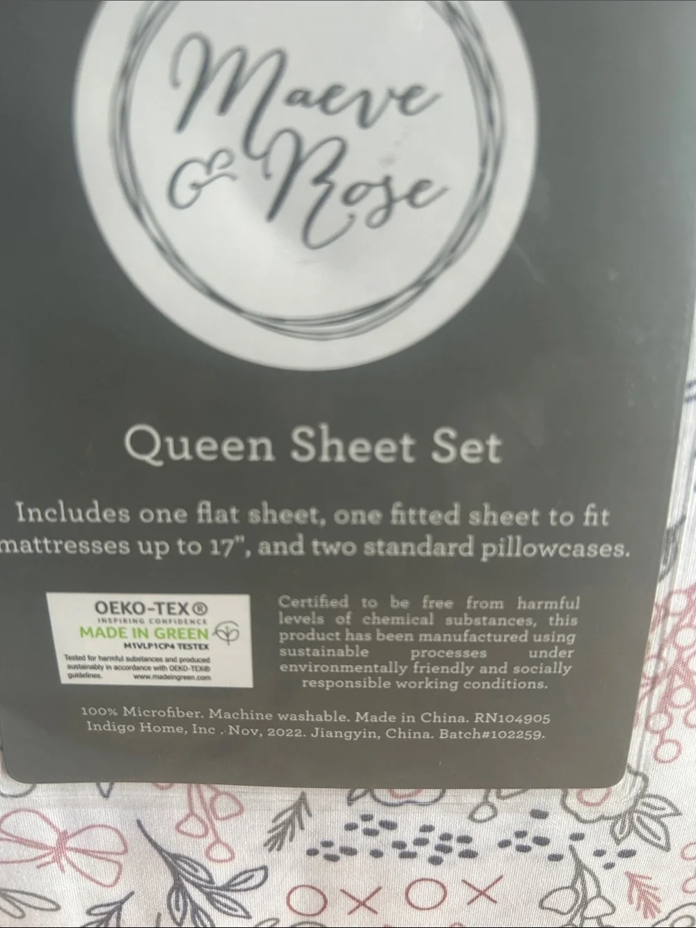 Maeve & Rose Q Sheet 4pc Set - Fits Mattress up to 17”Floral Hearts Butterflies